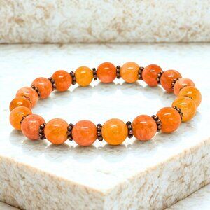 Orange Chalcedony Gemstone Beaded Bracelet - 8mm Stretchy Crystal Jewelry